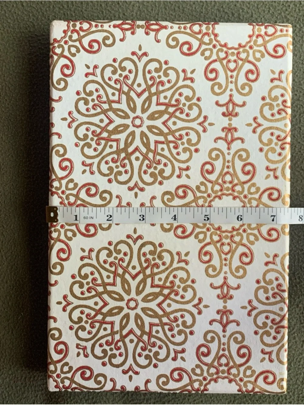 Decorative gift boxes and bag. 4 boxes, 1 bag. Red, gold, cream.